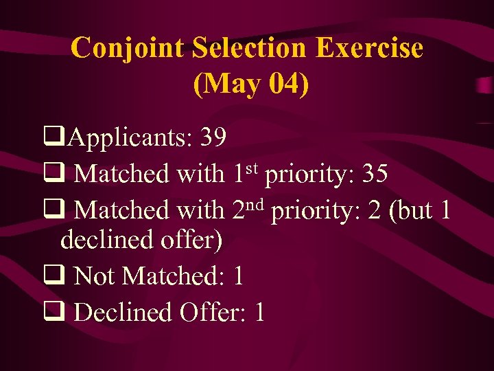 Conjoint Selection Exercise (May 04) q. Applicants: 39 q Matched with 1 st priority: