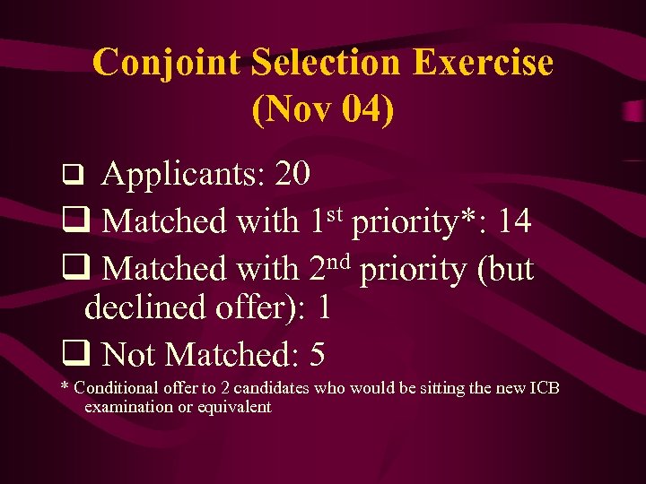Conjoint Selection Exercise (Nov 04) Applicants: 20 q Matched with 1 st priority*: 14