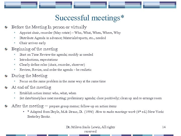 Successful meetings* Before the Meeting In person or virtually • • • Appoint chair,