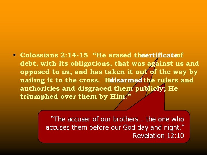 w Colossians 2: 14 -15 “He erased the certificate of debt, with its obligations,