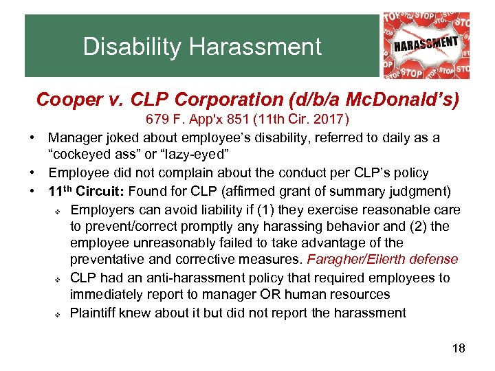 Disability Harassment Cooper v. CLP Corporation (d/b/a Mc. Donald’s) 679 F. App'x 851 (11