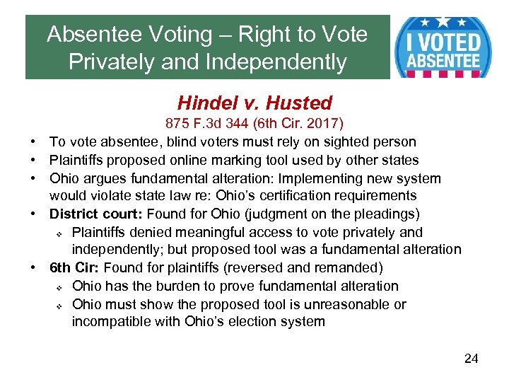 Absentee Voting – Right to Vote Privately and Independently Hindel v. Husted • •