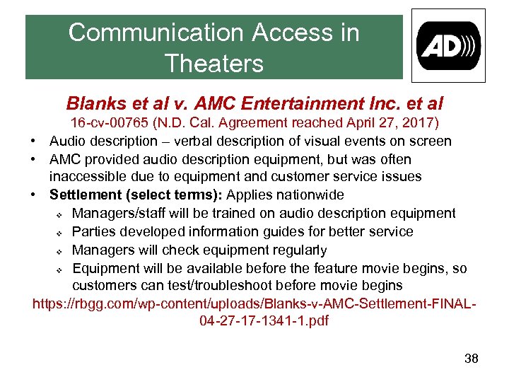 Communication Access in Theaters Blanks et al v. AMC Entertainment Inc. et al 16