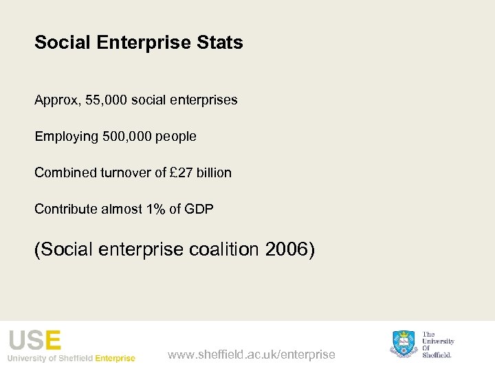 Social Enterprise Stats Approx, 55, 000 social enterprises Employing 500, 000 people Combined turnover