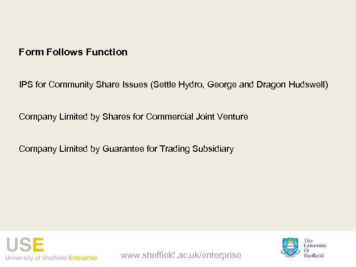 Form Follows Function IPS for Community Share Issues (Settle Hydro, George and Dragon Hudswell)