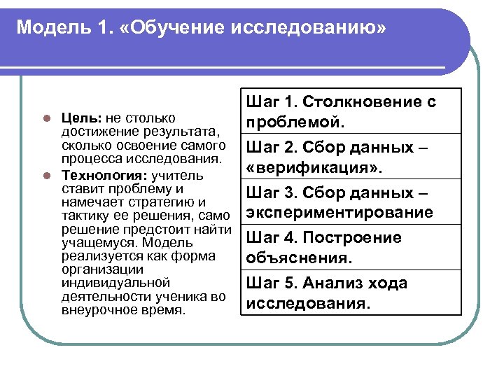 Модель 1. «Обучение исследованию» Цель: не столько достижение результата, сколько освоение самого процесса исследования.