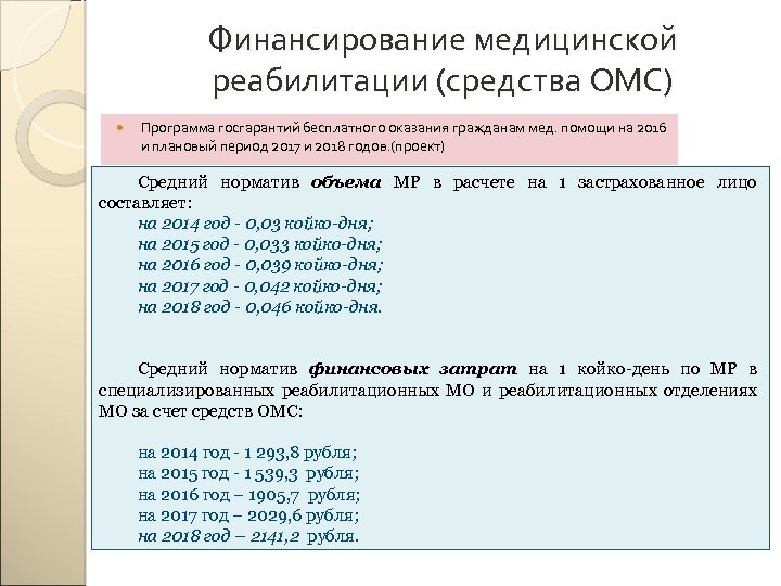 Финансирование медицинской реабилитации (средства ОМС) Программа госгарантий бесплатного оказания гражданам мед. помощи на 2016