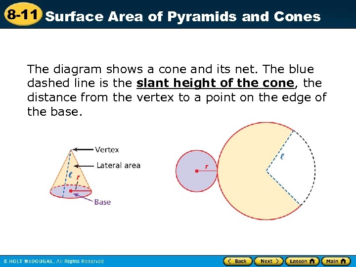 8 -11 Surface Area of Pyramids and Cones The diagram shows a cone and