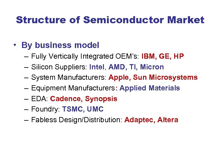 Structure of Semiconductor Market • By business model – – – – Fully Vertically