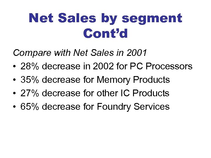 Net Sales by segment Cont’d Compare with Net Sales in 2001 • 28% decrease