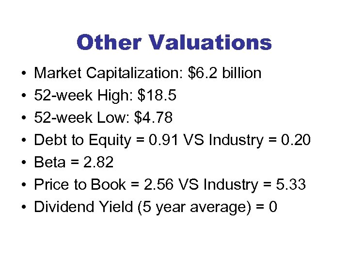 Other Valuations • • Market Capitalization: $6. 2 billion 52 -week High: $18. 5