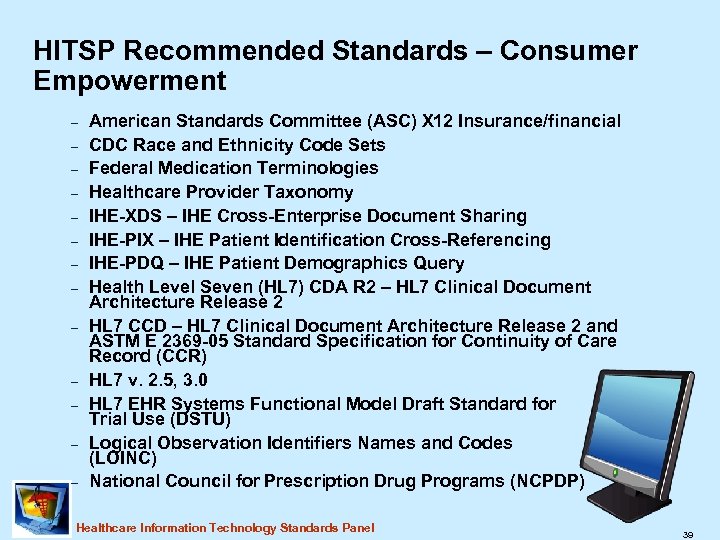 HITSP Recommended Standards – Consumer Empowerment – – – – American Standards Committee (ASC)