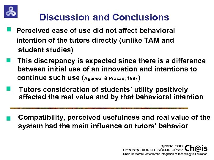 Discussion and Conclusions Perceived ease of use did not affect behavioral intention of the