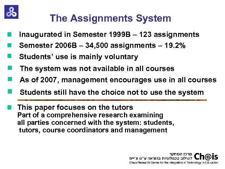 The Assignments System Inaugurated in Semester 1999 B – 123 assignments Semester 2006 B