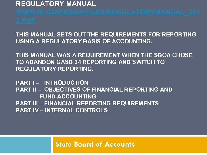 REGULATORY MANUAL WWW. IN. GOV/SBOA/FILES/REGULATORYMANUAL_201 2. PDF THIS MANUAL SETS OUT THE REQUIREMENTS FOR