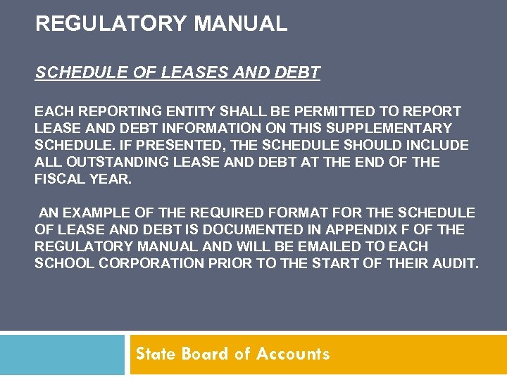 REGULATORY MANUAL SCHEDULE OF LEASES AND DEBT EACH REPORTING ENTITY SHALL BE PERMITTED TO