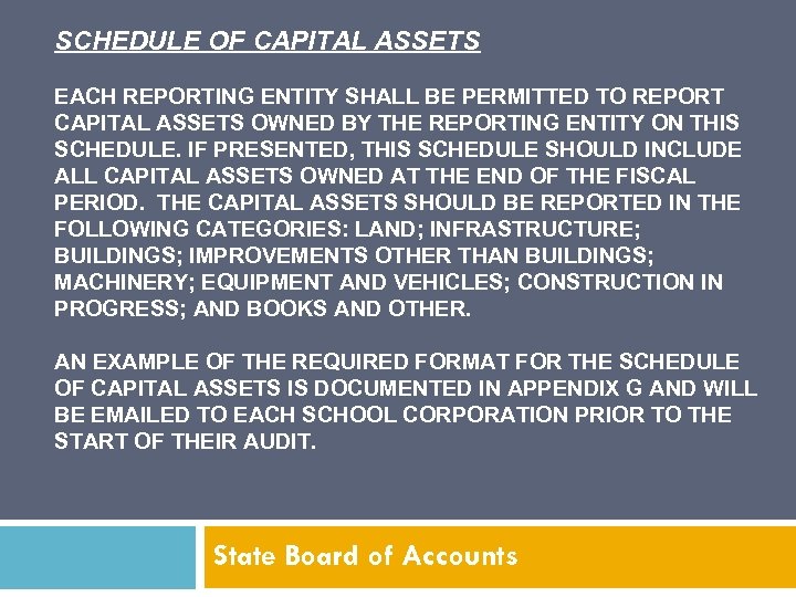 SCHEDULE OF CAPITAL ASSETS EACH REPORTING ENTITY SHALL BE PERMITTED TO REPORT CAPITAL ASSETS