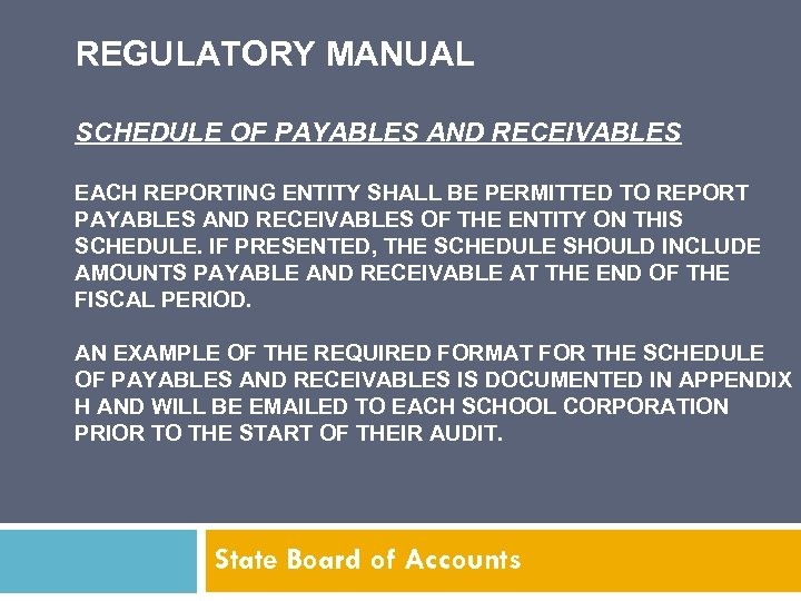 REGULATORY MANUAL SCHEDULE OF PAYABLES AND RECEIVABLES EACH REPORTING ENTITY SHALL BE PERMITTED TO