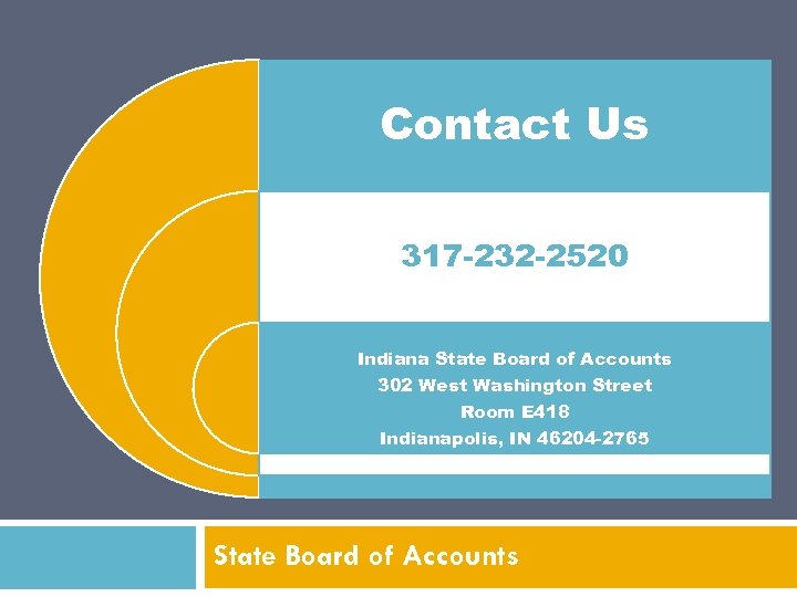 Contact Us 317 -232 -2520 Indiana State Board of Accounts 302 West Washington Street