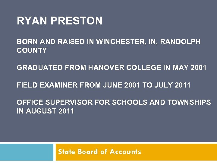 RYAN PRESTON BORN AND RAISED IN WINCHESTER, IN, RANDOLPH COUNTY GRADUATED FROM HANOVER COLLEGE