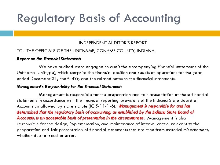 Regulatory Basis of Accounting INDEPENDENT AUDITOR'S REPORT TO: THE OFFICIALS OF THE UNITNAME, CONAME