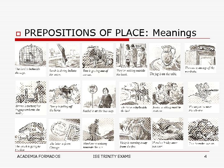 o PREPOSITIONS OF PLACE: Meanings ACADEMIA FORMADOS ISE TRINITY EXAMS 4 