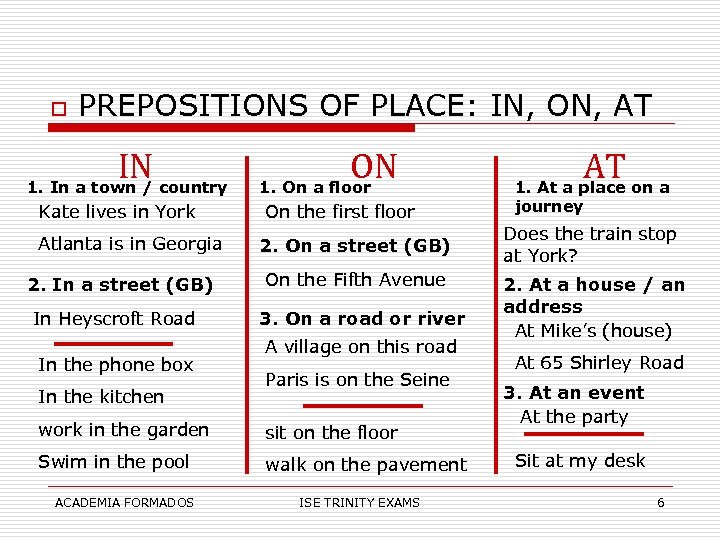 o PREPOSITIONS OF PLACE: IN, ON, AT IN country 1. In a town /