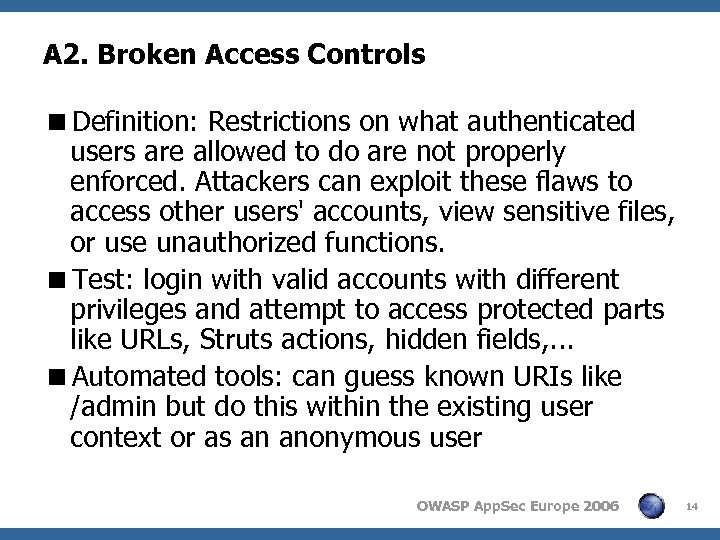 A 2. Broken Access Controls <Definition: Restrictions on what authenticated users are allowed to