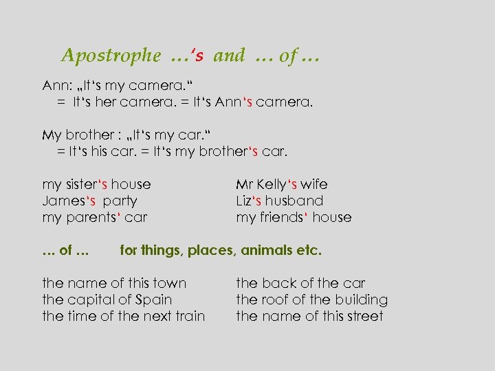 Apostrophe …‘s and … of … Ann: „It‘s my camera. “ = It‘s her