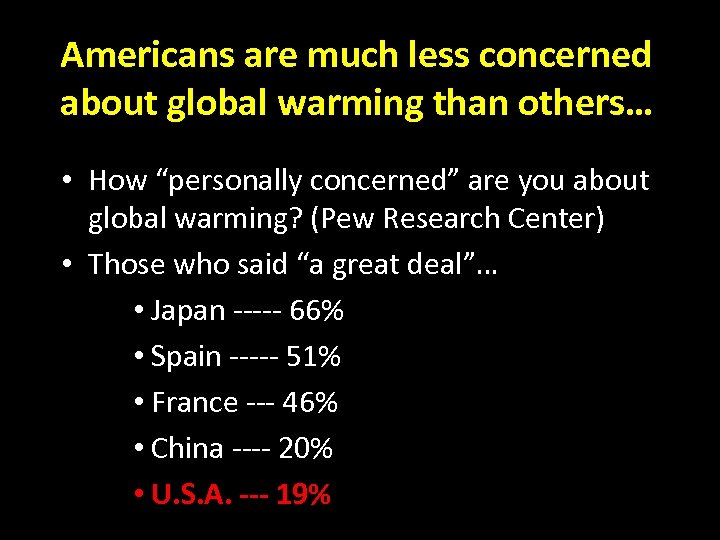 Americans are much less concerned about global warming than others… • How “personally concerned”
