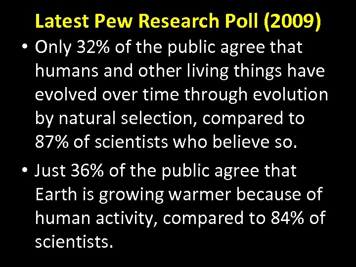 Latest Pew Research Poll (2009) • Only 32% of the public agree that humans