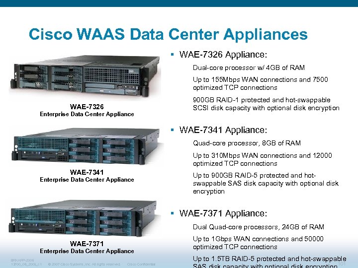 Cisco WAAS Data Center Appliances § WAE-7326 Appliance: Dual-core processor w/ 4 GB of