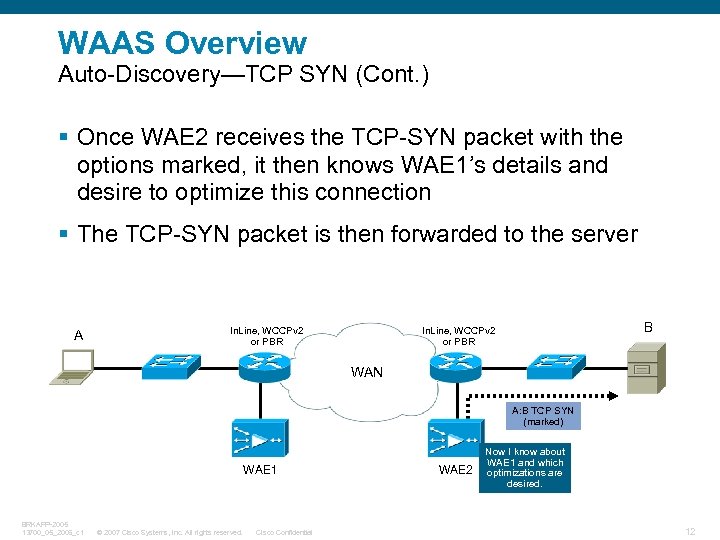 WAAS Overview Auto-Discovery—TCP SYN (Cont. ) § Once WAE 2 receives the TCP-SYN packet