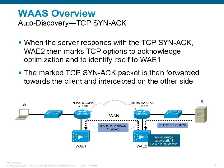 WAAS Overview Auto-Discovery—TCP SYN-ACK § When the server responds with the TCP SYN-ACK, WAE