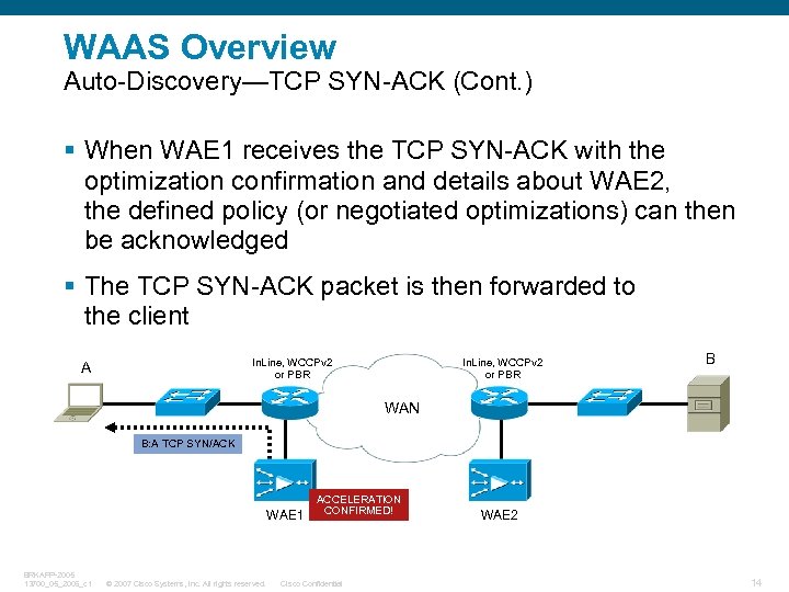 WAAS Overview Auto-Discovery—TCP SYN-ACK (Cont. ) § When WAE 1 receives the TCP SYN-ACK