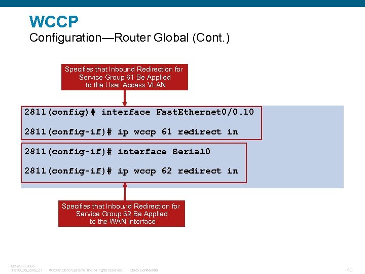 WCCP Configuration—Router Global (Cont. ) Specifies that Inbound Redirection for Service Group 61 Be