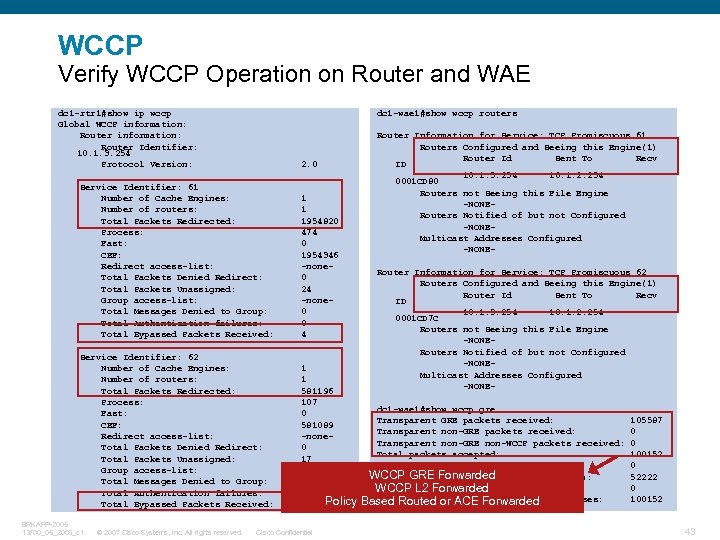 WCCP Verify WCCP Operation on Router and WAE dc 1 -rtr 1#show ip wccp