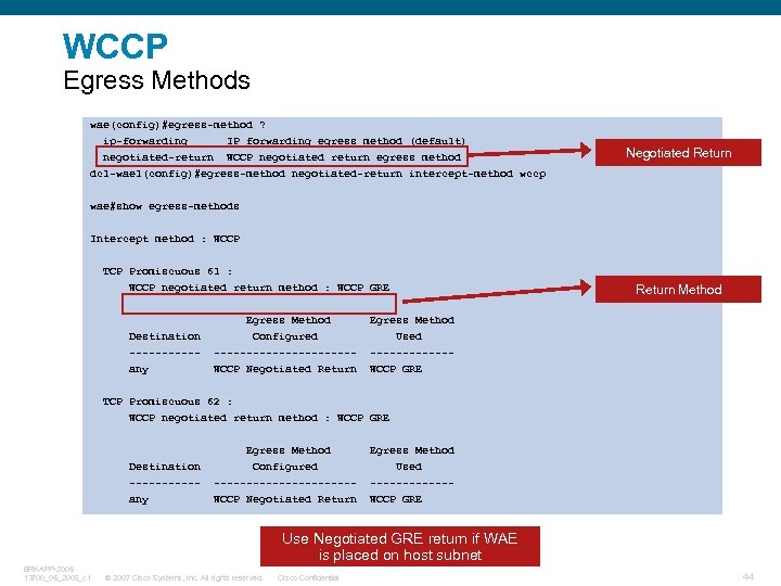 WCCP Egress Methods wae(config)#egress-method ? ip-forwarding IP forwarding egress method (default) negotiated-return WCCP negotiated