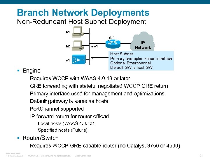 Branch Network Deployments Non-Redundant Host Subnet Deployment h 1 rtr 1 h 2 sw