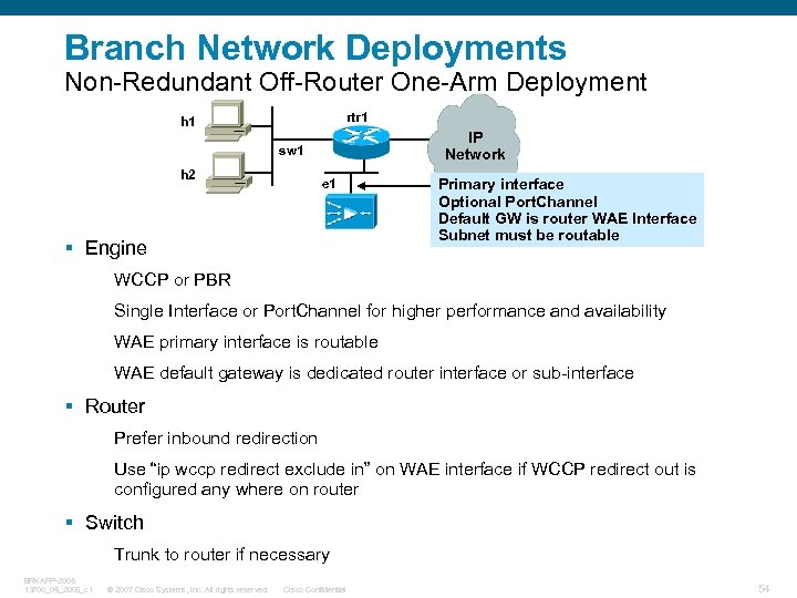 Branch Network Deployments Non-Redundant Off-Router One-Arm Deployment rtr 1 h 1 IP Network sw