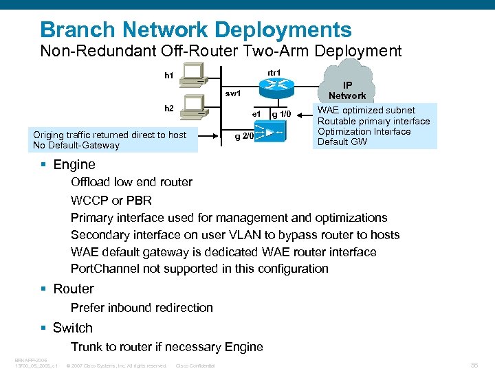 Branch Network Deployments Non-Redundant Off-Router Two-Arm Deployment rtr 1 h 1 IP Network sw