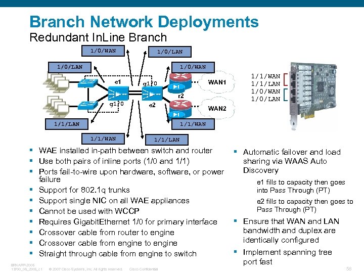 Branch Network Deployments Redundant In. Line Branch 1/0/WAN 1/0/LAN 1/0/WAN e 1 WAN 1