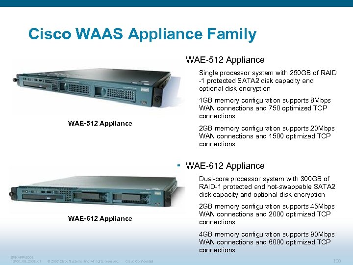 Cisco WAAS Appliance Family § WAE-512 Appliance Single processor system with 250 GB of