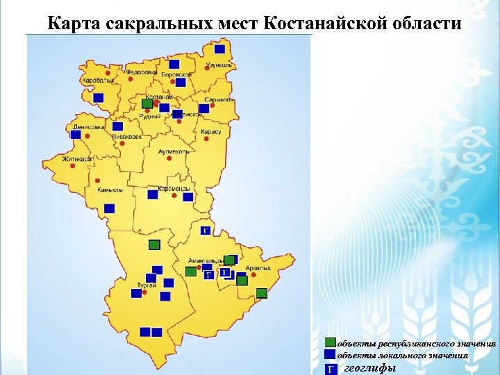 Карта сакральных мест Костанайской области объекты республиканского значения объекты локального значения геоглифы 