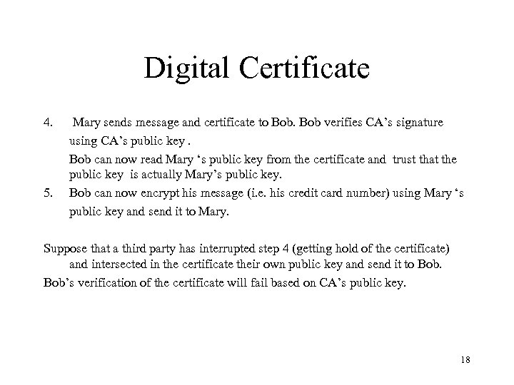Digital Certificate 4. Mary sends message and certificate to Bob verifies CA’s signature using