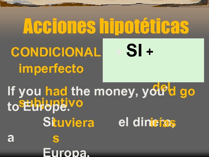 Acciones hipotéticas CONDICIONAL imperfecto + SI + del go If you had the money,