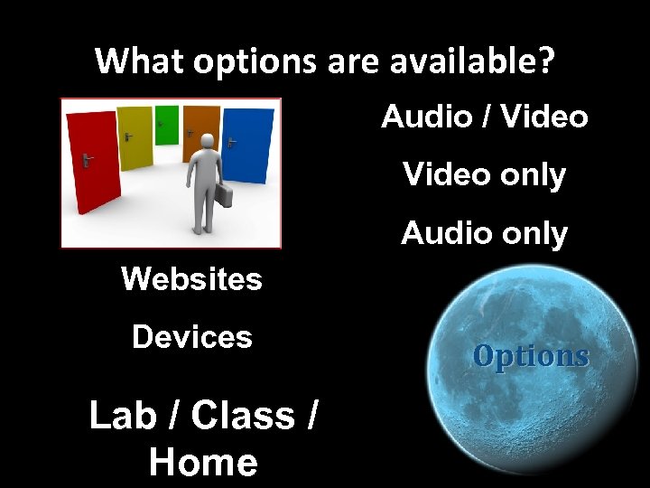 What options are available? Audio / Video only Audio only Websites Devices Lab /
