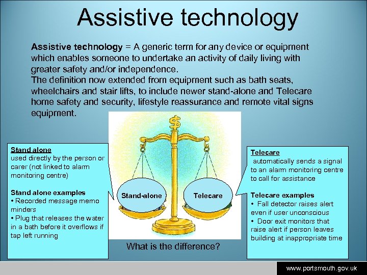 Assistive technology = A generic term for any device or equipment which enables someone