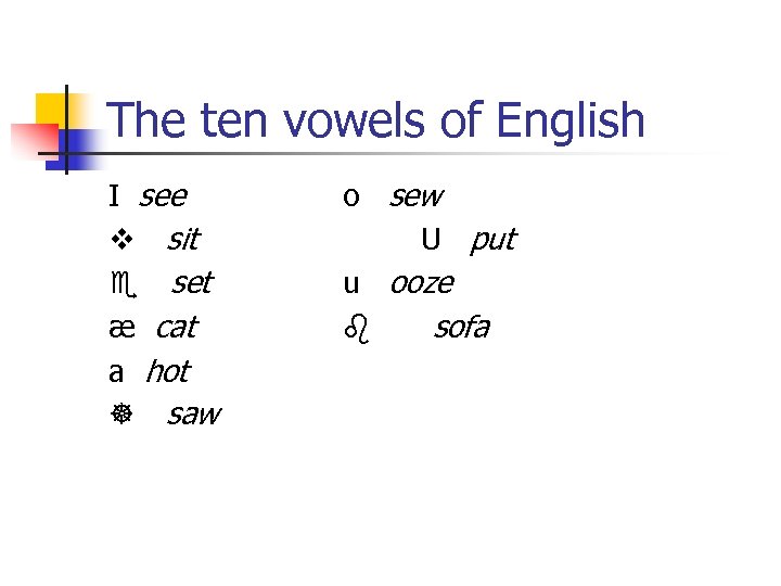 The ten vowels of English I see v sit e set æ cat a