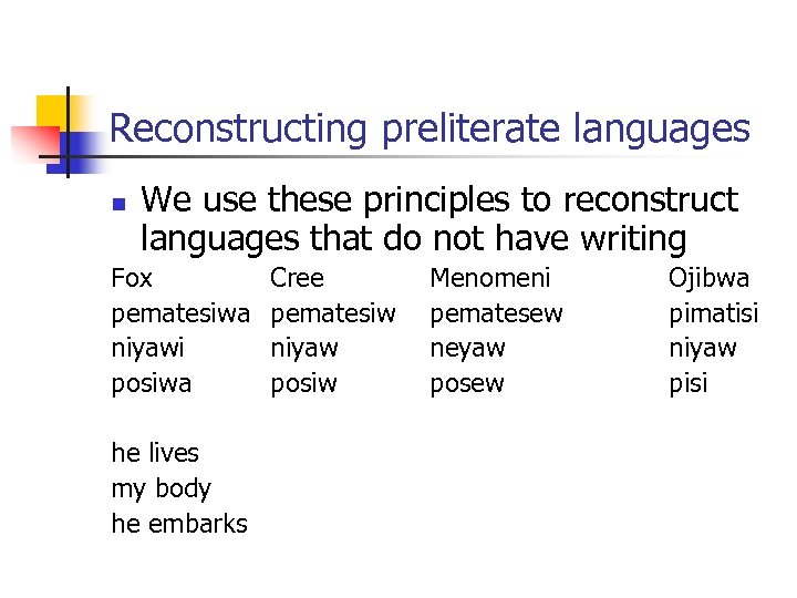 Reconstructing preliterate languages n We use these principles to reconstruct languages that do not